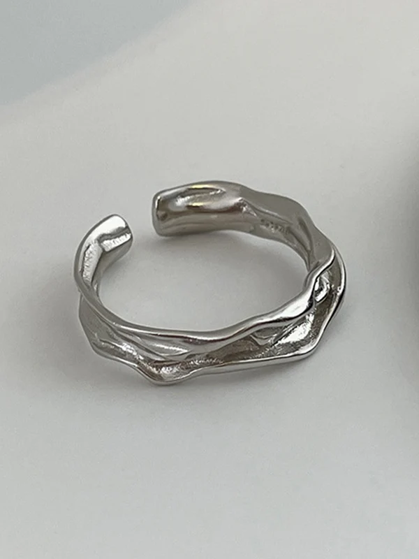 Men's 2Pcs Silver Textured Cuff Ring - Image 6