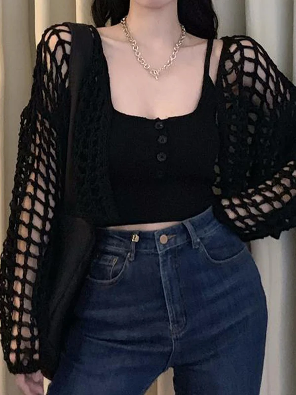 Open Front Hollow Out Crochet Knit Crop Top - Image 13